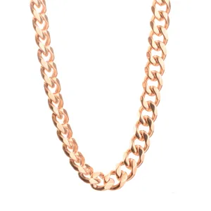 Detailed view of the rose gold stainless steel cuban link chain showcasing polished metal links.