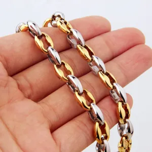 Two-tone stainless steel coffee bean chain necklace for men, stylish chunky link jewelry.