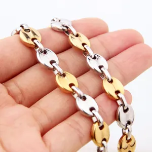 Two-tone stainless steel coffee bean chain detail, gold and silver metallic link design.