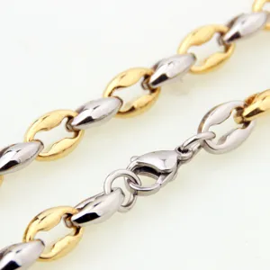 Close-up detail of two-tone stainless steel coffee bean chain necklace for men jewelry.