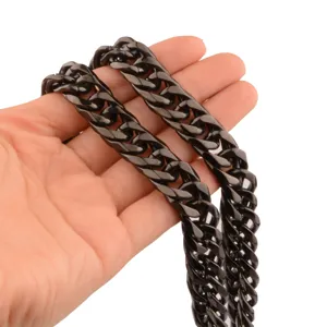 Men stainless steel black Cuban link chain necklace, durable metal neck jewelry accessory.