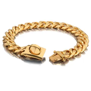 Gold tone heavy stainless steel cuban link pet dog chain collar detail closeup view