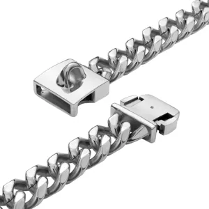 Heavy duty stainless steel dog chain collar with secure buckle detail 23mm width silver