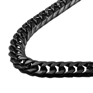 Close-up detail view of men's black stainless steel Cuban chain necklace, sleek finish.