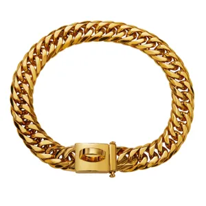 Detail view of a heavy duty 16mm gold titanium steel pet chain dog collar, durable metal link.