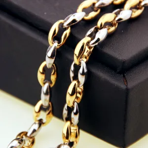 Men two-tone coffee bean chain necklace stainless steel geometric jewelry detail view