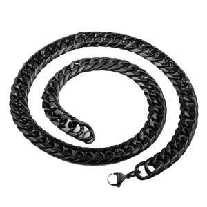 Detail shot of black stainless steel Cuban chain necklace, showcasing the sturdy metal links.