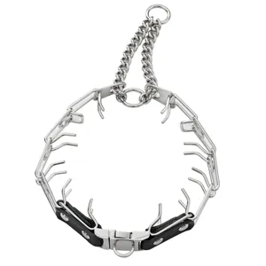 Stainless steel dog prong training collar with quick release buckle and protective sleeve.