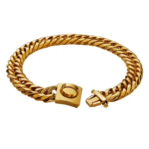 Gold stainless steel dog chain collar 16mm heavy duty cuban link pet collar heavy metal