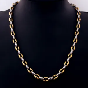 Men stainless steel two-tone coffee bean link chain necklace fashion daily jewelry.