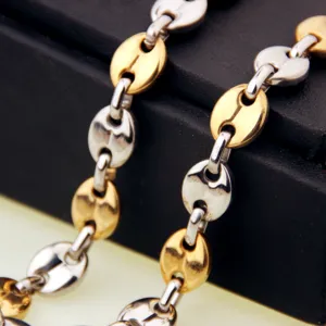 Detailed view of two-tone stainless steel coffee bean link necklace, durable jewelry detail.