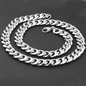Chunky ανοξείδωτο ατσάλι Κubans link κολιέ για άνδτρες, ασημί hip hop κόσμημα λεπτομέρεια.