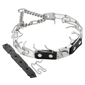 Stainless steel dog prong training collar with leather protective sleeve and extra link parts.