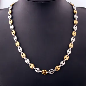 Detailed view of two-tone stainless steel coffee bean chain necklace, hip hop style.
