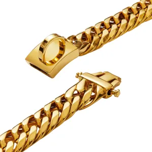 Gold Cuban link dog collar detail, 16mm heavy duty stainless steel pet chain clasp close-up view.