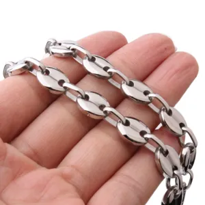Stainless steel coffee bean chain necklace, hip hop style jewelry for men and women daily wear.