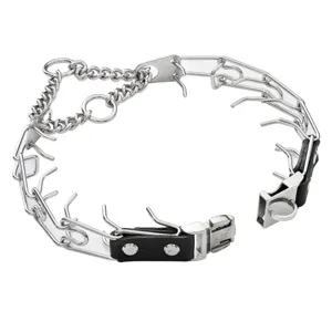Stainless steel dog pinch collar with quick release buckle for pet training and large dogs.