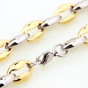 Men's two-tone stainless steel coffee bean chain necklace, stylish link chain design.