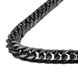 Black stainless steel cuban chain necklace close-up detail, durable mens fashion jewelry.