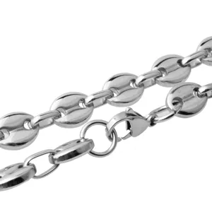 Detail view of stainless steel coffee bean chain necklace, hip hop style jewelry link.