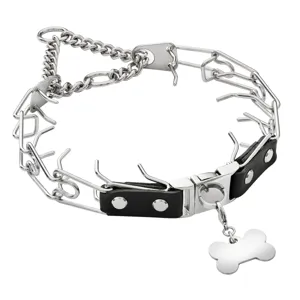 Stainless steel dog prong training collar detail view with leather accent and metal bone tag.