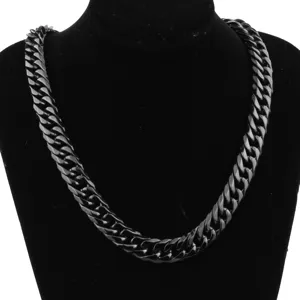 Detail view of the black titanium steel cuban link chain necklace for men jewelry display.