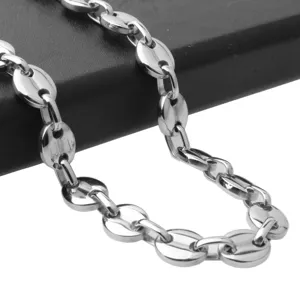 Close up view of the stainless steel coffee bean chain, showing smooth metallic links detail.
