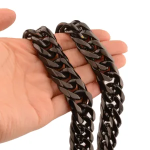 Men's black stainless steel thick cuban link chain necklace hip hop jewelry 7-21mm