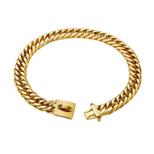 Detailed close-up of a 16mm gold titanium steel pet Cuban chain collar with sturdy metal lock.