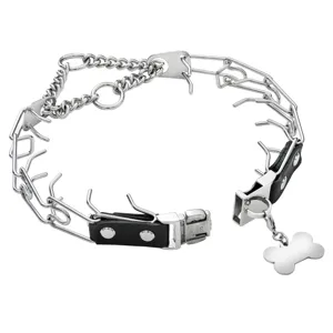 Stainless steel dog prong collar with black leather and bone tag for training large pets