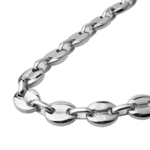 Close-up detail view of polished silver stainless steel coffee bean chain link accessory.