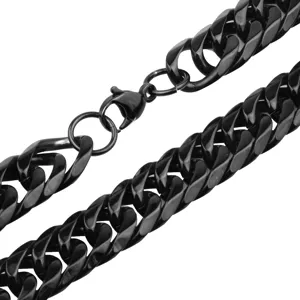 Close up detail of black stainless steel Cuban link chain necklace for men jewelry