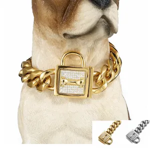 Heavy Duty Cuban Link Dog Collar Stainless Steel Metal Choke Chain Heavy Pet Dog Collar With Rhinestone Bone Lock