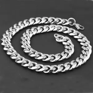 Men's stainless steel heavy cuban link chain necklace, silver hip-hop jewelry detail.
