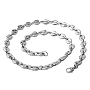Detailed view of the stylish stainless steel coffee bean chain necklace, shiny finish.