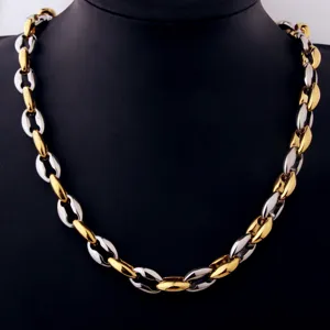 Men's two-tone stainless steel coffee bean chain necklace, classic stylish jewelry design.