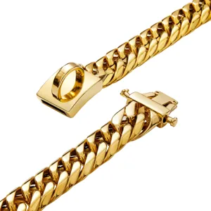 Gold stainless steel cuban link dog collar detail showing durable clasp and ring.