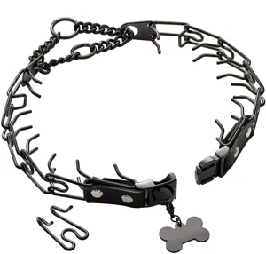 Detail view of black stainless steel dog training prong collar with quick release buckle and tag.