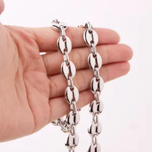 Detailed view of silver stainless steel coffee bean link chain hip hop jewelry design.