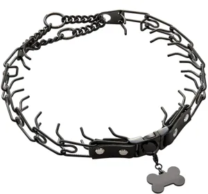 Black stainless steel dog prong training collar close-up, durable metal pinch link design.