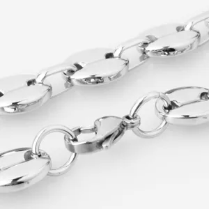 Stainless steel coffee bean chain necklace detail, durable metal link jewelry for daily wear.