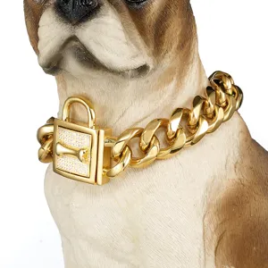 19MM heavy duty gold dog collar Cuban link chain with lock pet accessory detail closeup view