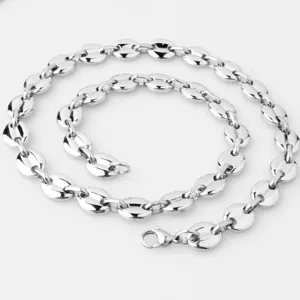 Closeup detail view of a stylish silver stainless steel coffee bean link necklace, polished finish.