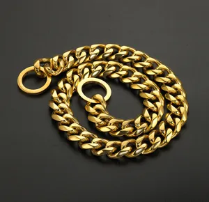 Close-up detail of heavy duty gold tone stainless steel cuban link pet chain collar.