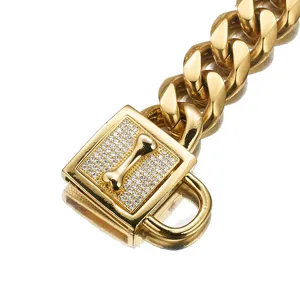 19mm stainless steel pet dog chain collar with rhinestone bone lock pendant detail.