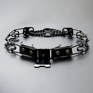 Black stainless steel dog training prong collar with leather and bone tag detail for pets.