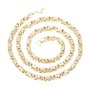 Gold stainless steel Byzantine link chain necklace for men, stylish hip-hop neck jewelry.