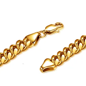 Detailed closeup of a gold stainless steel Cuban link chain necklace for men jewelry.