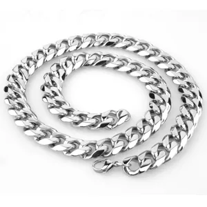 Thick stainless steel Cuban chain necklace for men, silver hip hop jewelry, durable metal link.