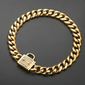 Gold Cuban Link Dog Collar Metal Heavy Duty Pet Chain with Rhinestone Bone Padlock 19mm